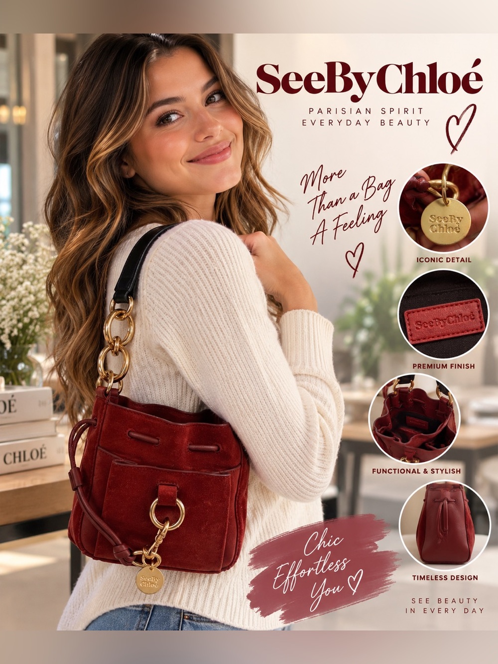 See by Chloé Red Suede Leather Bucket Shoulder Bag Gold Tone Hardware